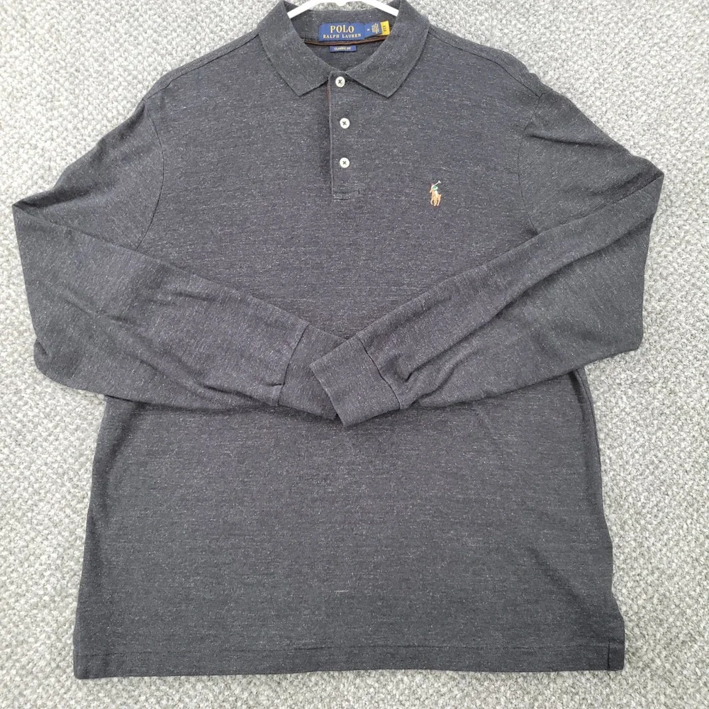 Polo Ralph Lauren Mens Long Sleeve Polo Shirt Gray Heather Classic Fit Medium